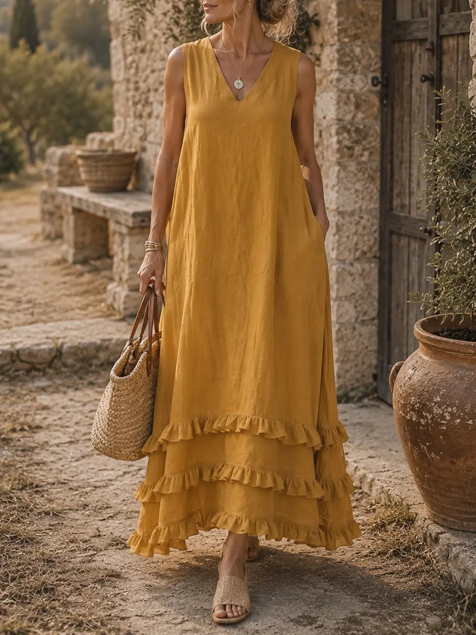 Women's Solid Textured V-Neck Multi Ruffle Hem Sleeveless Beach Maxi Dress