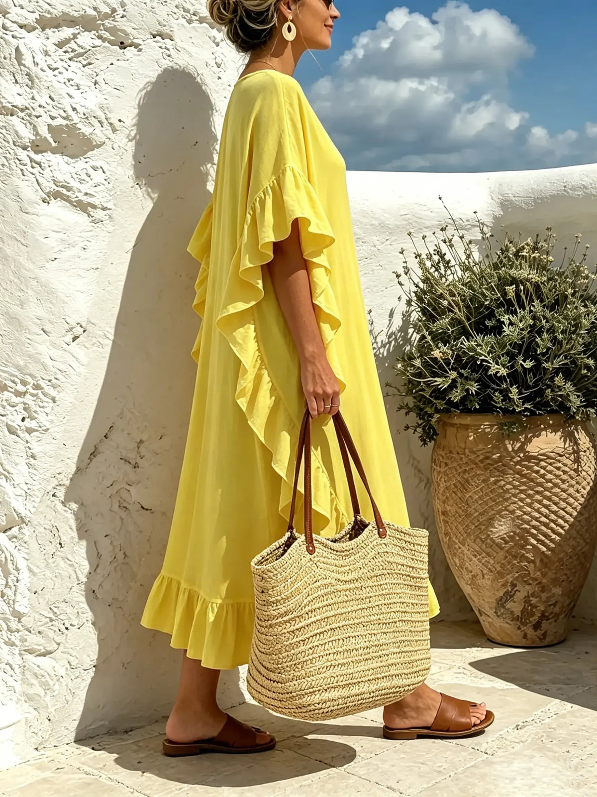 Women Solid Ruffle V-Neck Casual Beach Maxi Dress