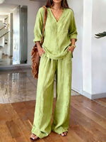 Women's Casual Long-sleeve V-neck Pullover & Pants Set – Washed Cotton (available In Multiple Colors)