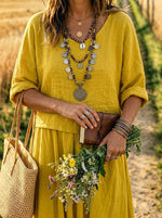 Womens Linen Two Piece Outfit, Roll Sleeve Crop Top & Flowy Wide Leg Maxi Skirt Set