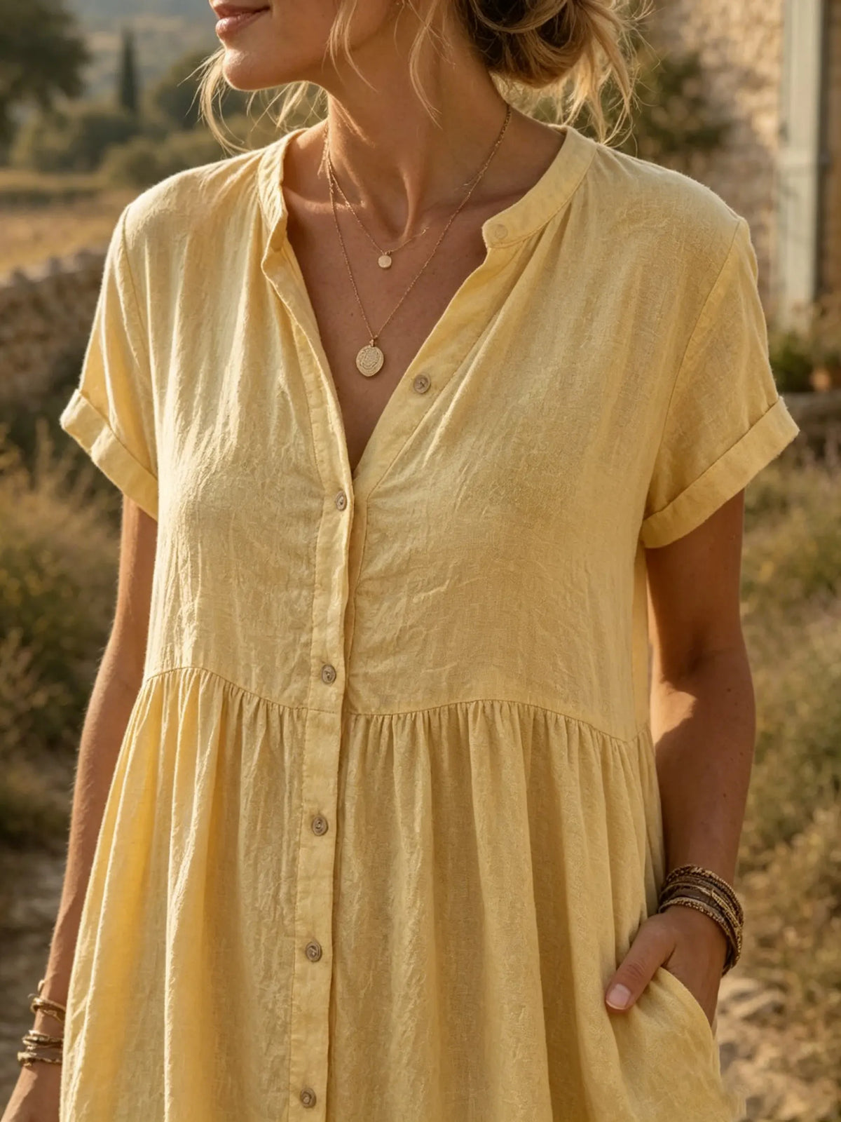Women's Solid Textured Notched Neck Half Button Short Sleeve Pocket Midi Dress