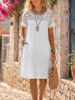 Women’s Lace Yoke Short Sleeve Cotton Linen Shift Dress With Pockets