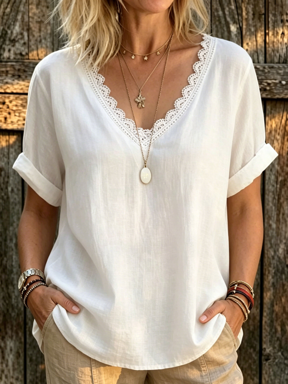 Women’s White Lace V Neck Rolled Short Sleeve Casual Blouse