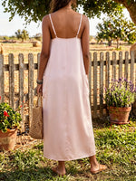 Women Solid Lace Trim V Neck Front Tie Pocket Slip Midi Dress