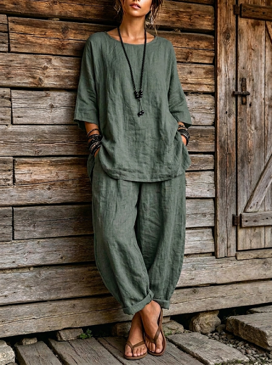 Womens 2 Piece Army Green Linen Matching Outfit 3/4 Sleeve Top & Harem Pants Set