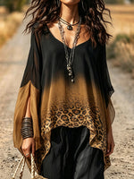 Women's Ombre Leopard Print Chiffon Batwing Sleeve Tunic Top
