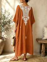 Women Floral Leaf Embroidery 3/4 Sleeve Loose Maxi Dress