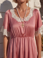 Vintage Art Comfortable Summer Fabrics Satin Patchwork Lace Dress