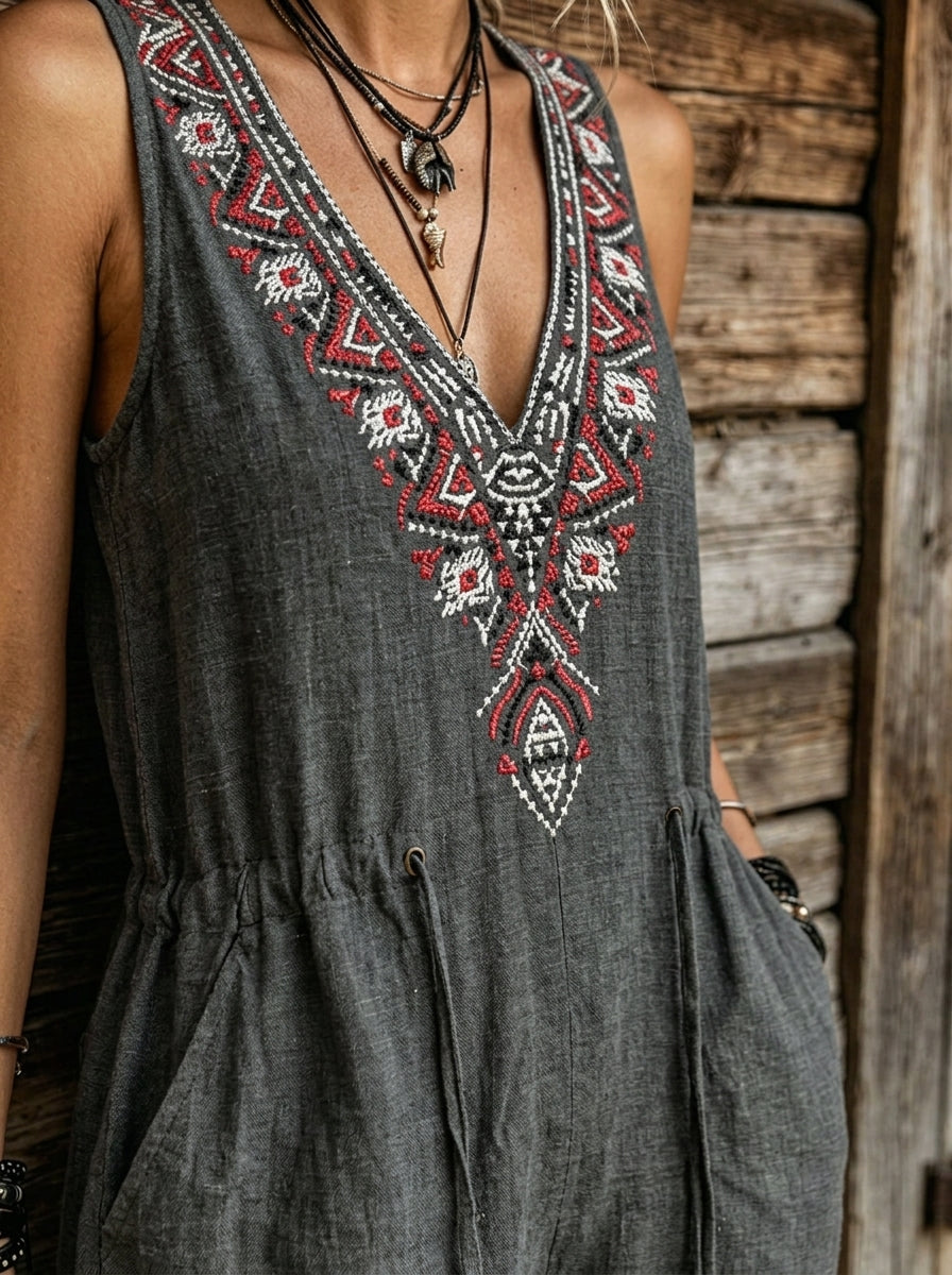 Women's Boho Embroidered Harem Jumpsuit – Sleeveless V-Neck Cotton Linen Romper with Cargo Pockets