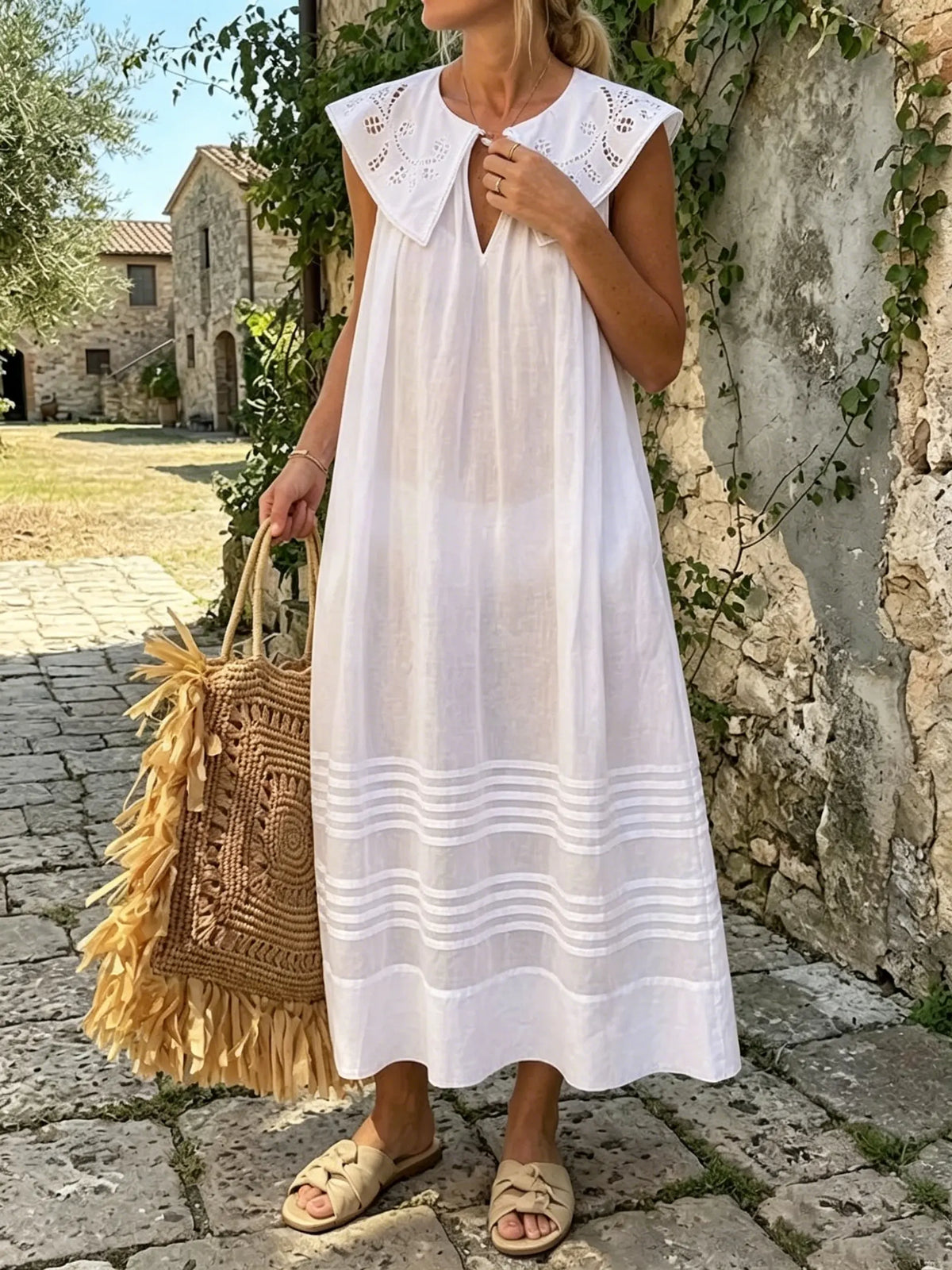Vintage Lace Collar White Cotton Midi Dress