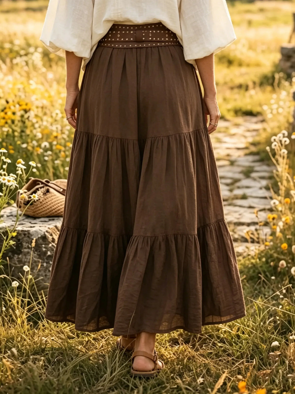 Women's Solid Tiered Ruffled Linen-Blend Maxi Skirt