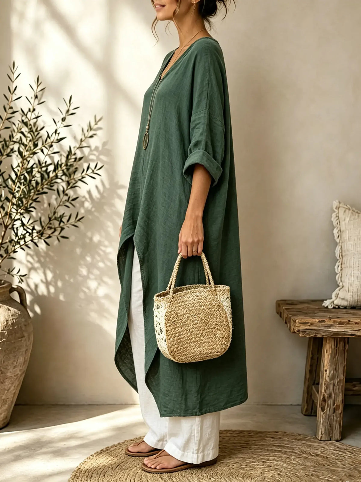 Women Solid Textured V-Neck Split Long Tunic