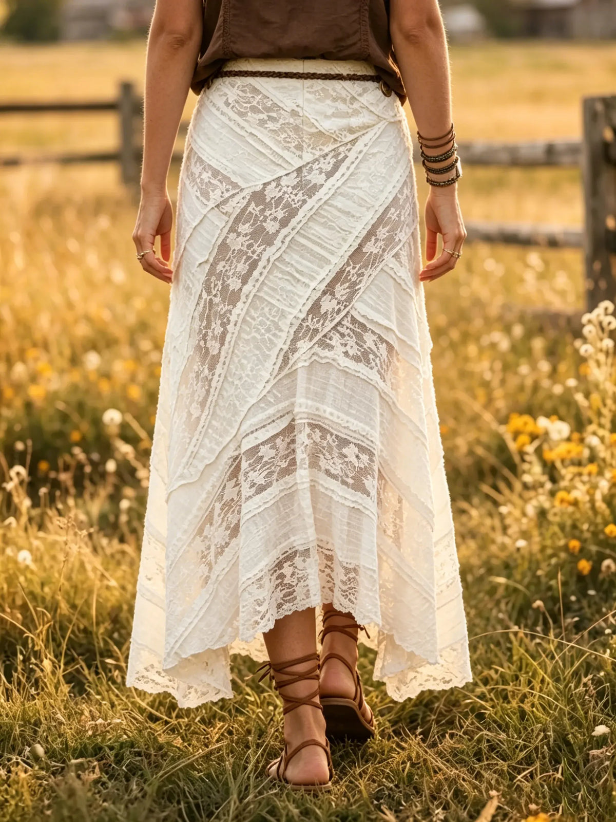 Women's Solid Lace Patchwork Asymmetric Hem Midi Skirt