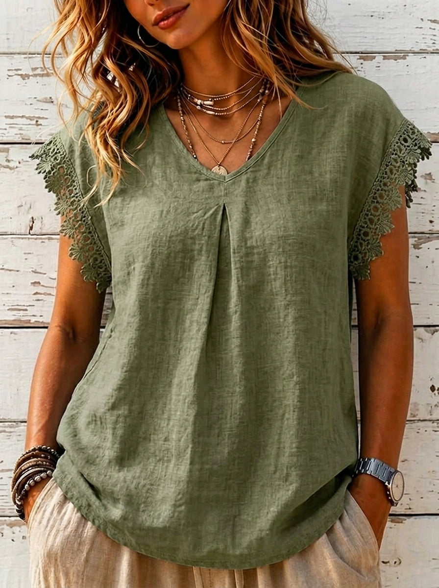 Women’s V Neck Lace Cap Sleeve Pleated Linen Blend Blouse