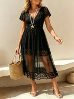 Women's Solid Lace Sheer V-Neck Midi Dress