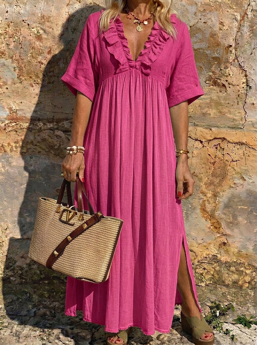 Women’s Ruffled V-Neck Side Slit Cotton Linen Maxi Dress