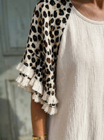 Women’s Leopard Print Raglan Fringe Sleeve Cotton Linen Midi Dress