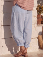 Vintage Art Comfortable Summer Fabrics Cotton Linen Contrasting Stripes Pants