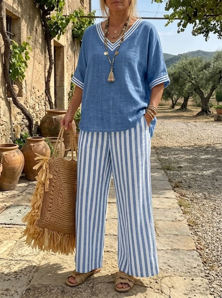 Women's V-Neck Top and Striped Pants Set