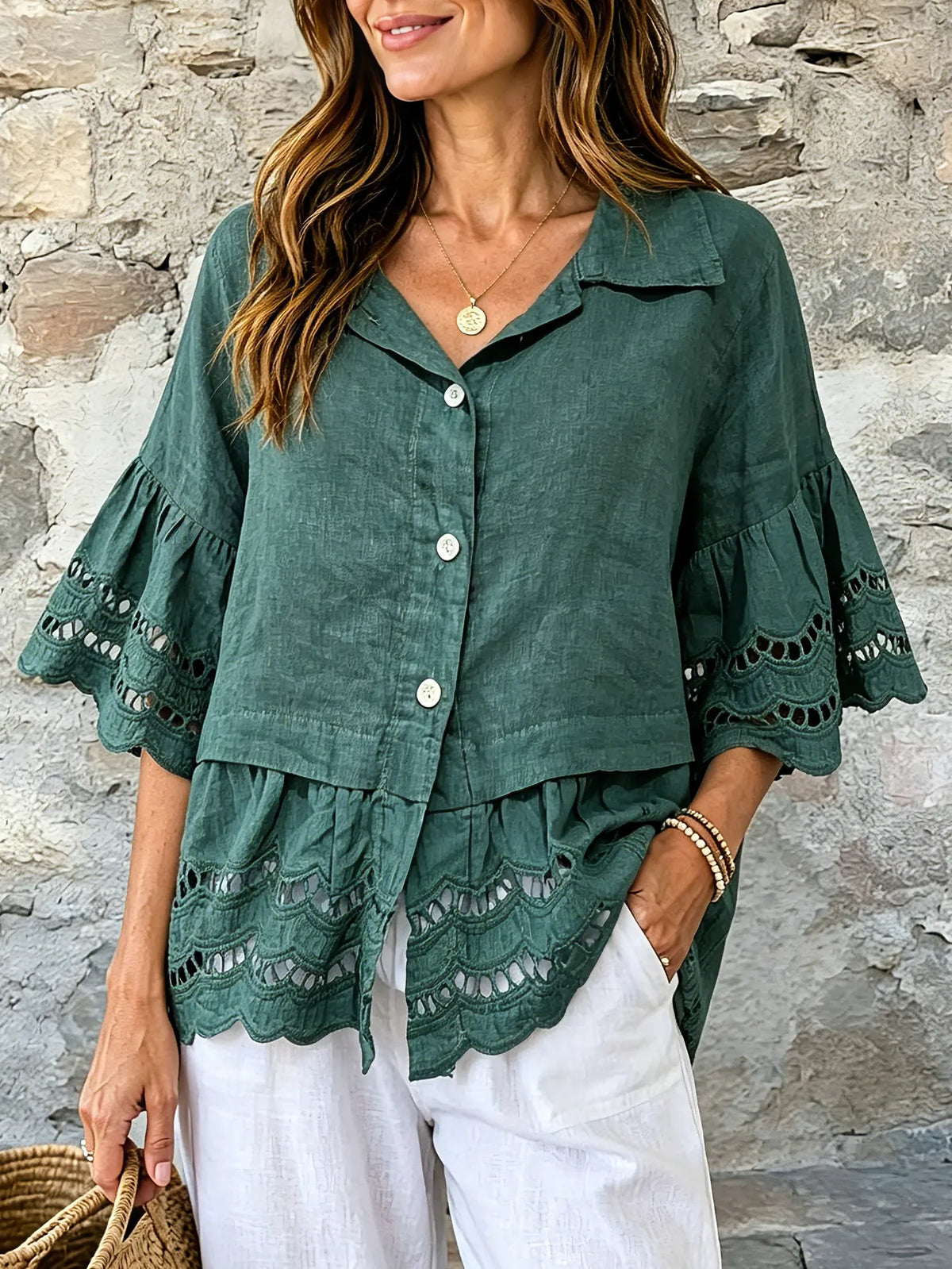 Women Solid Eyelet Ruffle Collar 3/4 Sleeve Linen Blouse