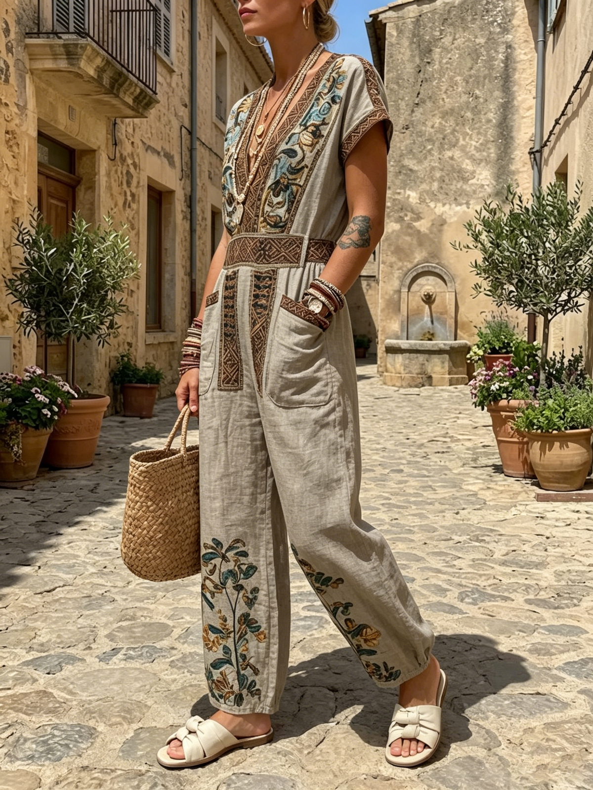 Retro Floral V Neck Short Sleeve Linen Pocket Jumpsuit
