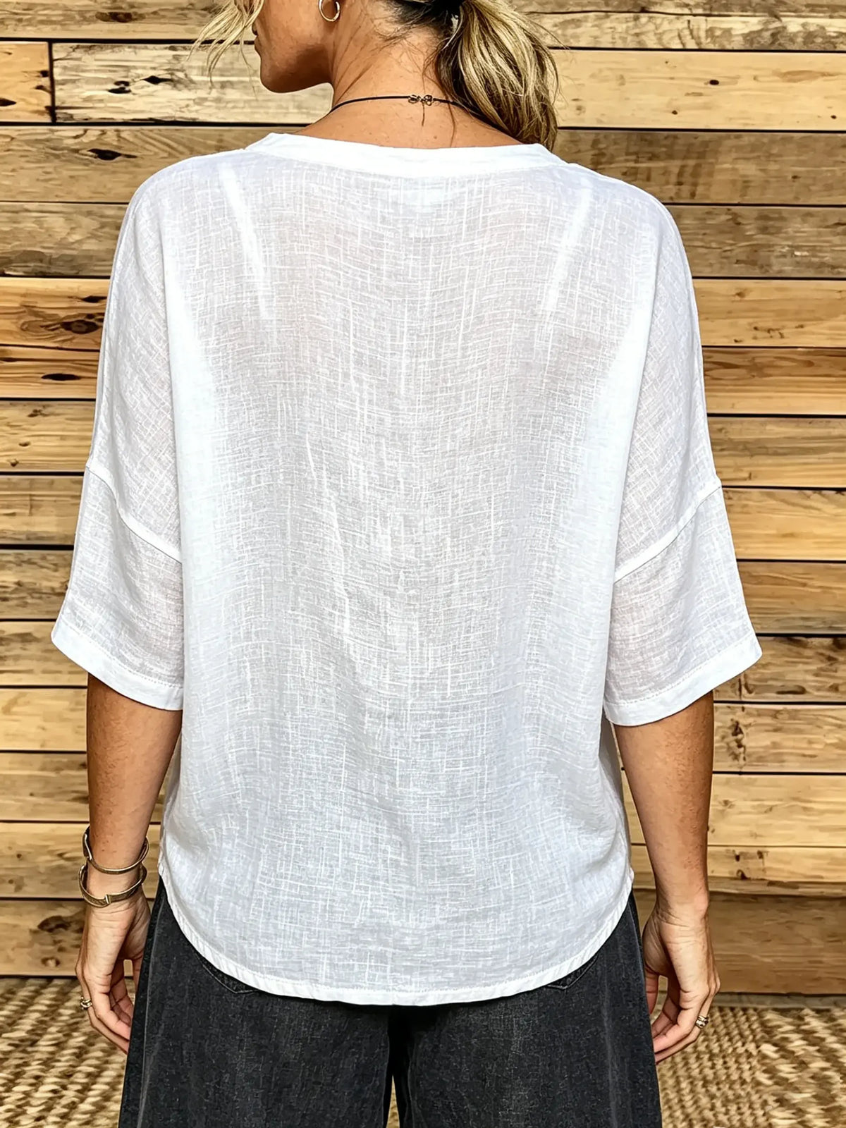 Casual V-Neck Front Tie Linen Shirt 5 Sleeve Textured Cropped Button Blouse