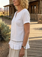 Women's Solid Lace Ruffle Hem Short Sleeve Linen Top