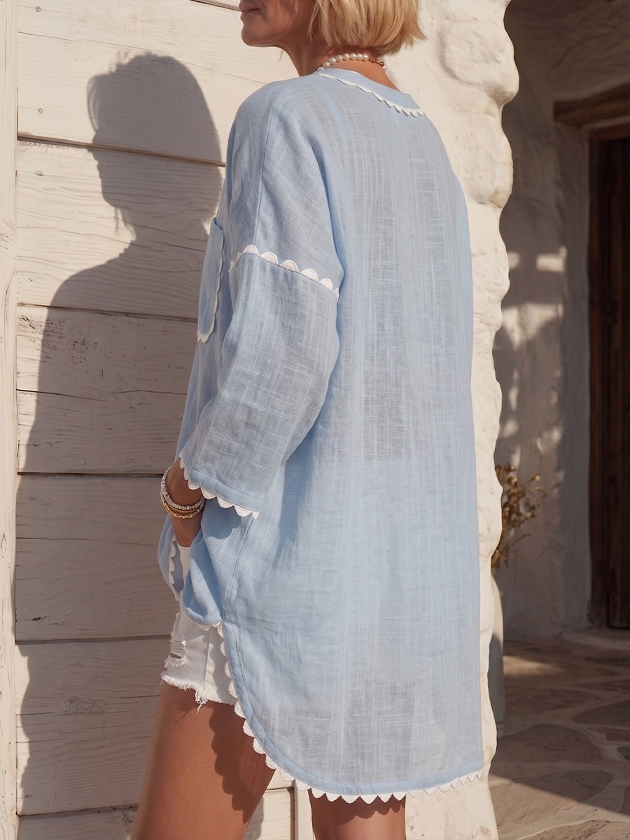 Vintage Art Comfortable Summer Fabrics Sheer Breathable Cotton Linen Blend Shirt