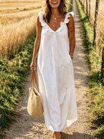Women’s Casual Cotton Ruffled Hem V Neck Pocket Dress
