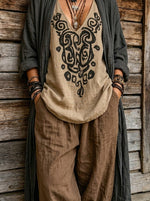 Womens Boho Printed Tank Long Cardigan & Harem Pants Linen Outfit 3 Piece Set