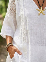 Women’s Lace Patch V-Neck Irregular Hem Cotton Linen Tunic Top