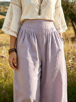 Women's Solid Textured Elastic Waist Linen Wide Leg Harem Pants