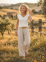 Women's Solid Linen-Blend Elastic Waist Wide Leg Trousers