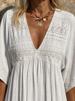 Women’s Eyelet Lace V-neck Batwing Sleeve Side Slit Linen Maxi Dress
