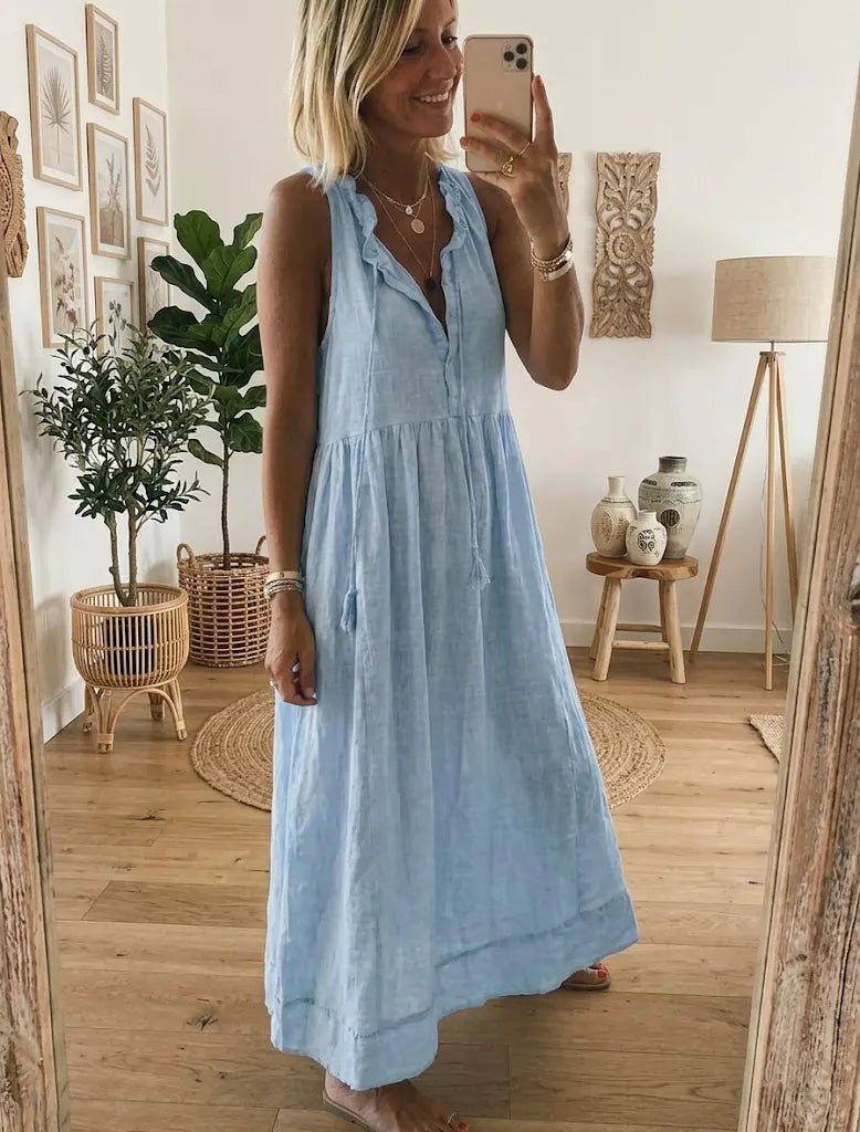 Serene Sky Blue Sleeveless Tiered Maxi Dress