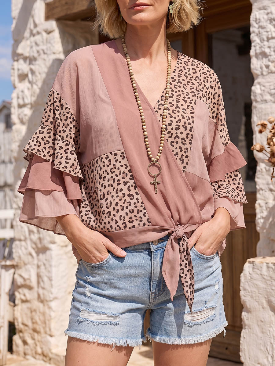 Vintage Art Comfortable Summer Fabrics Chiffon Patchwork Leopard Shirt