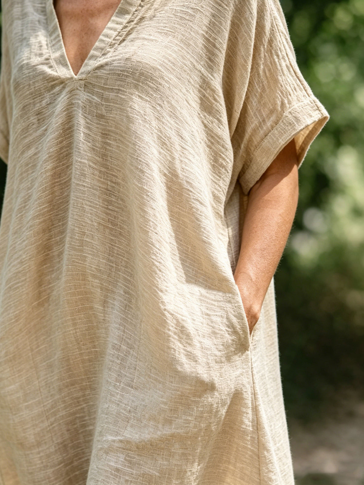 Women’s V Neck Stand Collar Linen Midi Dress, Loose Short Sleeve Casual Dress With Side Pockets