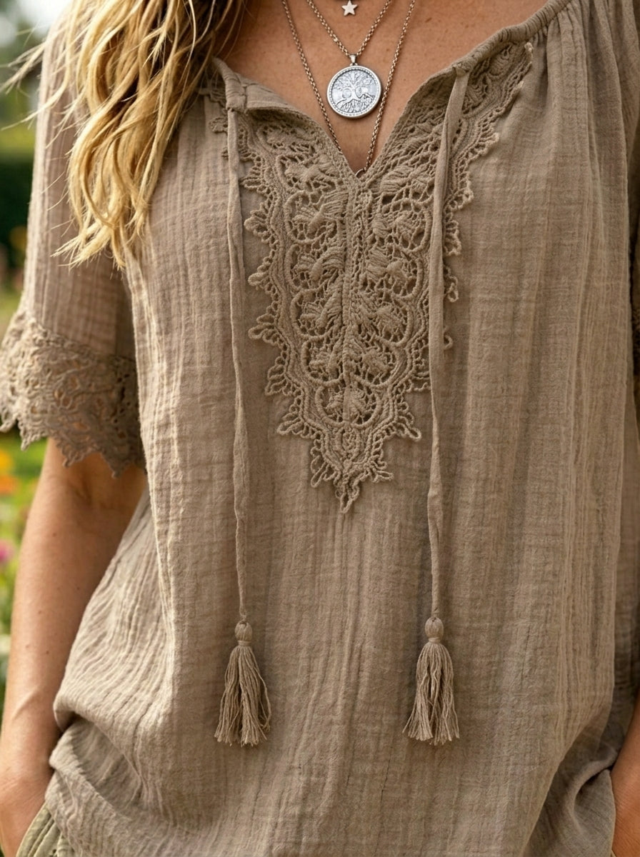 Women’s Flora V-Neck Tassel Lace Short Sleeve Crinkle Fabric Boho Blouse