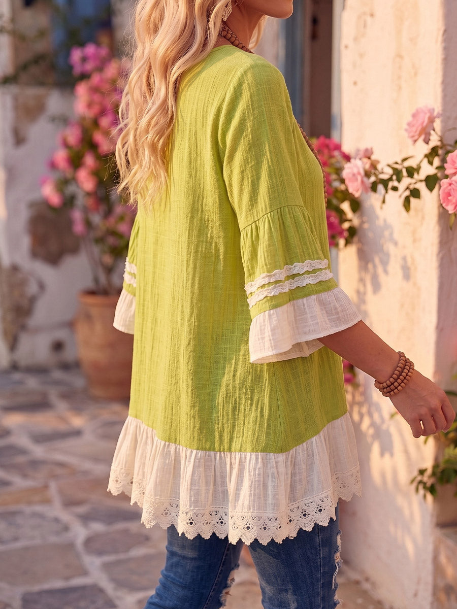 Vintage Art Comfortable Summer Fabrics Cotton Linen Color BlockPatchwork Shirt