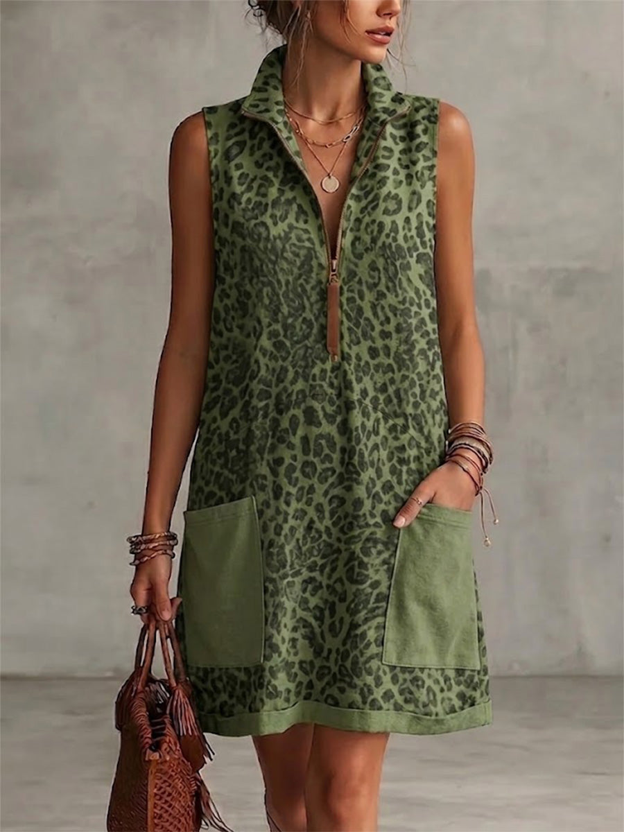 Leopard Print Sleeveless Cropped Dress Featuring A Half-zip Collar And Contrasting Patch Pockets.