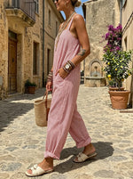 Vintage Red White Stripe Spaghetti Strap Pocket Jogger Jumpsuit