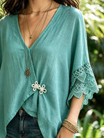 Women Solid Frog Button Lace Panel Split 3/4 Sleeve Top