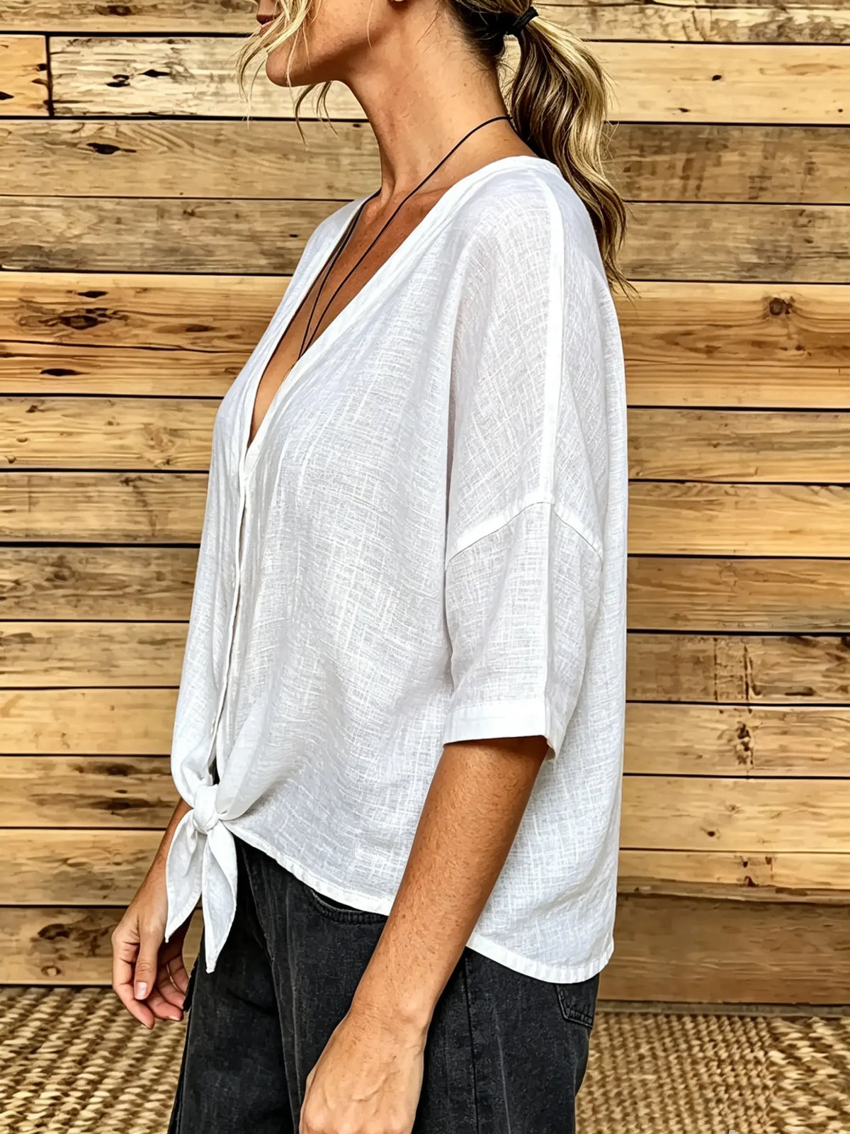 Casual V-Neck Front Tie Linen Shirt 5 Sleeve Textured Cropped Button Blouse