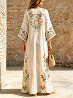 Women's Ethnic Floral Art Casual Stylish V-collar 3/4 Sleeve Cotton Linen Maxi Dress
