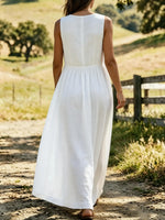 Women's Solid Textured V-Neck Gathered Sleeveless Linen Maxi Dress
