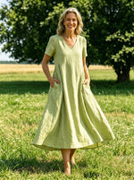 Women’s Casual Cotton Sunmmer Short Sleevev-neck Pocket Maxi Dress