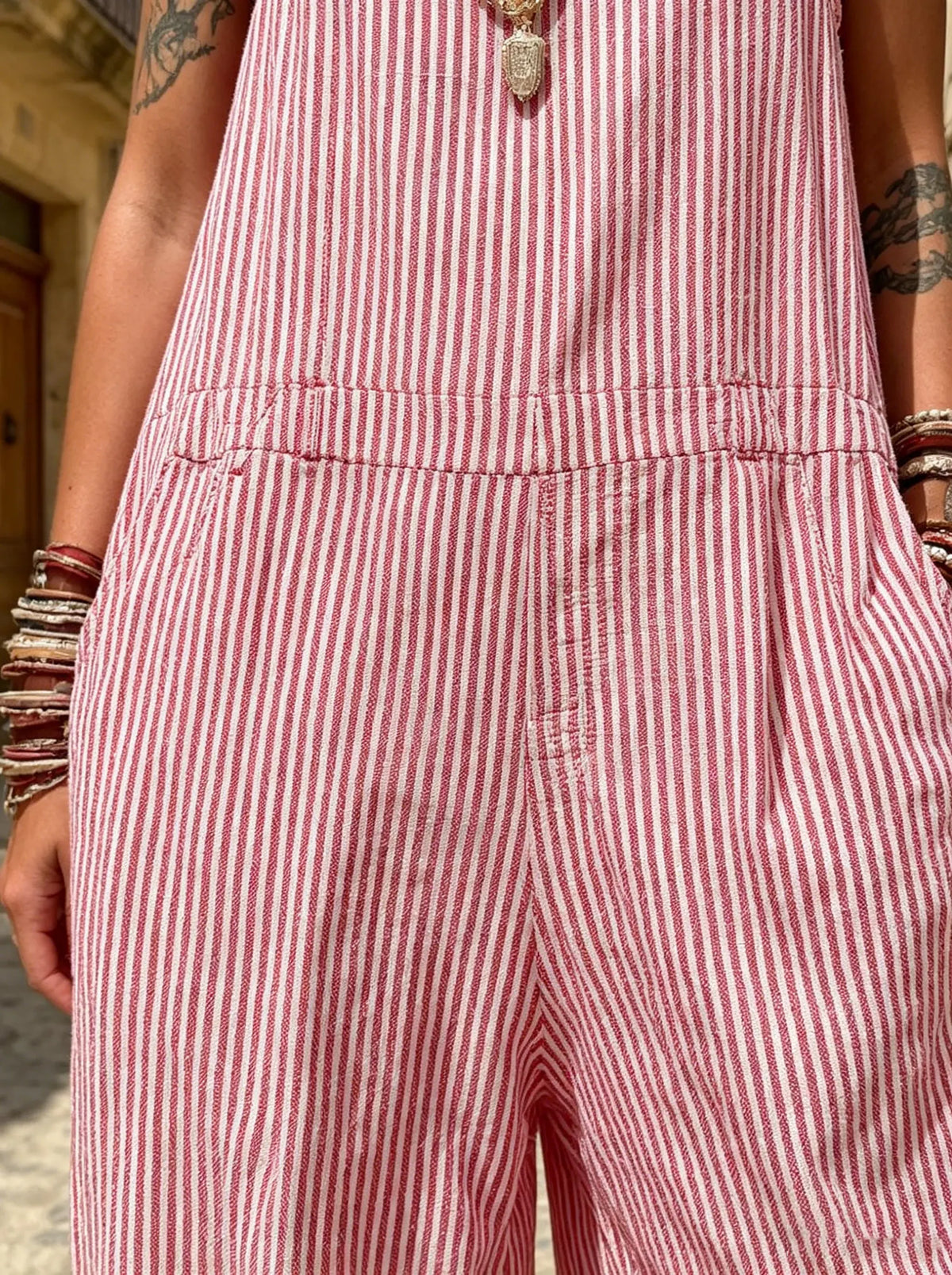 Vintage Red White Stripe Spaghetti Strap Pocket Jogger Jumpsuit