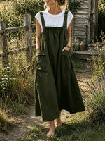 Women's Solid Textured Cargo Pocket Pinafore Maxi Dress