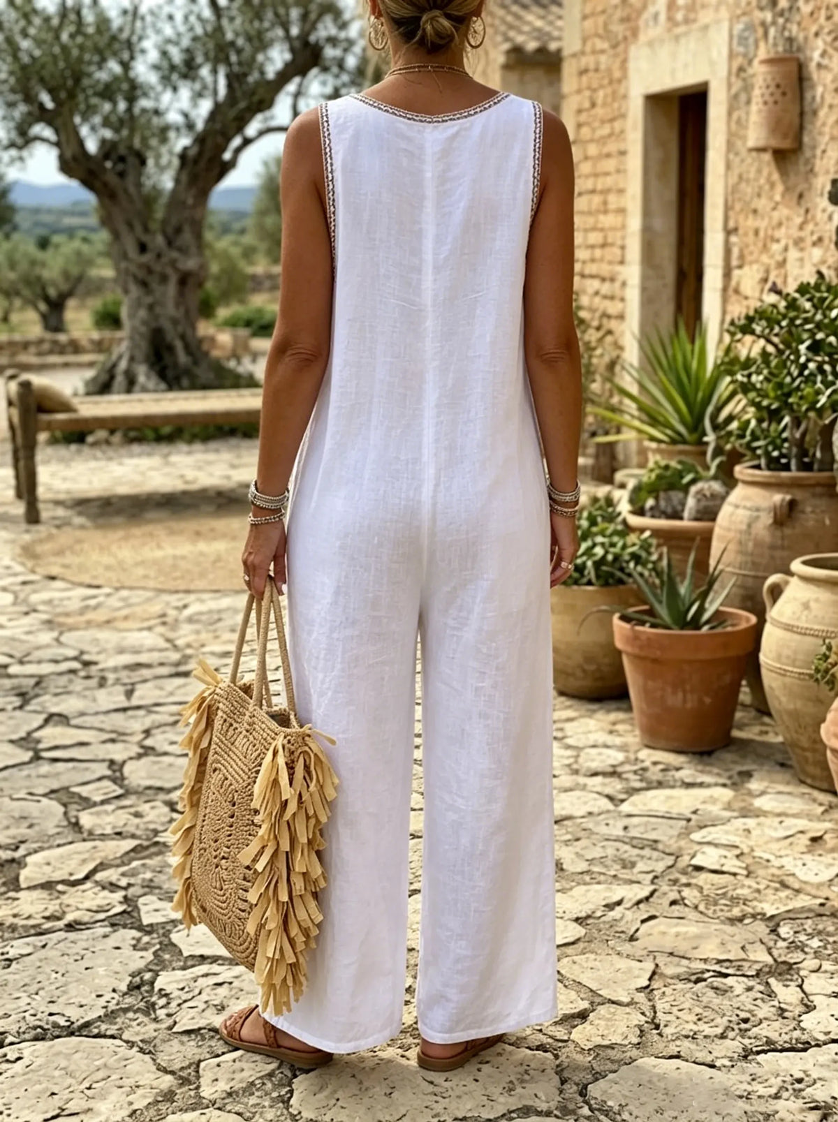 Bohemian Floral Print Sleeveless Wide Leg Linen Jumpsuit