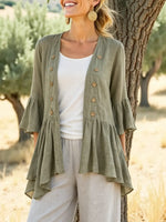 Solid Textured 3/4 Flare Sleeve Ruffle Hem Linen Cardigan